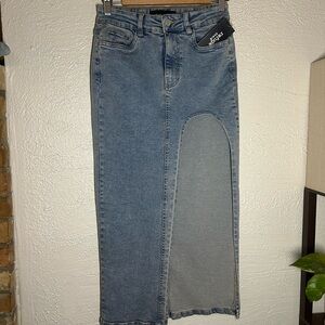 Refuge Denim Maxi Skirt with Curved Insert